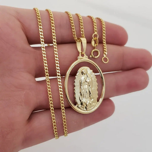 Cadena de Tejido Cubana Plana de 60cm-2mm De Grosor + Dije De La Virgen de Guadalupe
