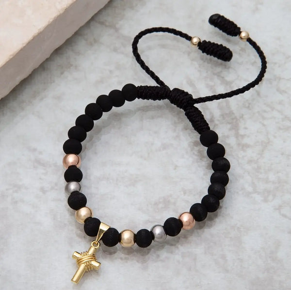 Pulsera de Caballero De Terlenca Negra Con Balines Tres Oros Y Neoprenos de 6mm Y Dije De Cruz