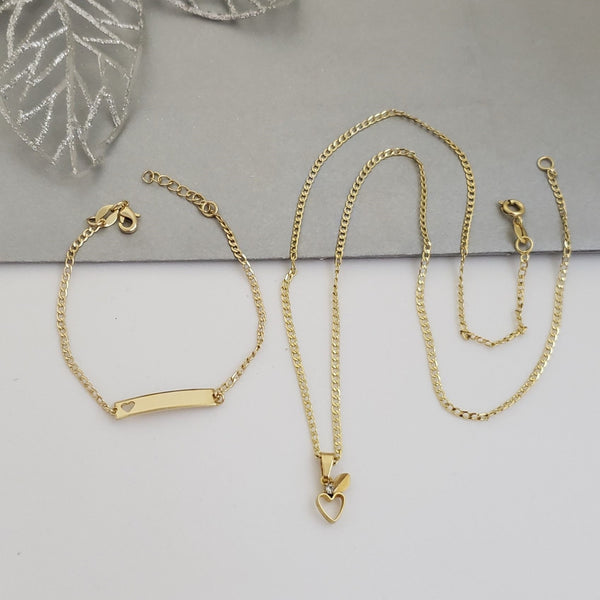 Conjunto De Niños De Tejido Cubana, Cadena + Dije De Corazón + Pulsera Con Placa. (Cadena De 40cm-2mm De Grosor, Pulsera De 15cm-2mm De Grosor)
