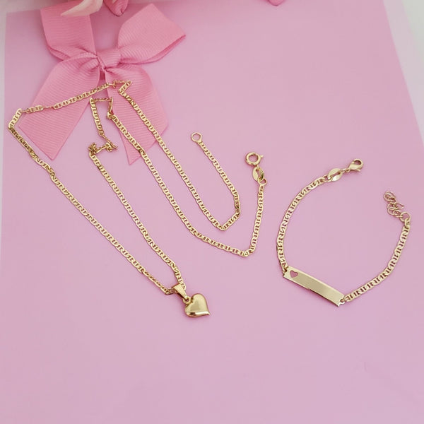 Conjunto De Niños De Tejido Escalera + Cadena + Dije De Corazón + Pulsera Con Placa. (Cadena De 40cm-2mm De Grosor, Pulsera De 15cm-2mm De Grosor)