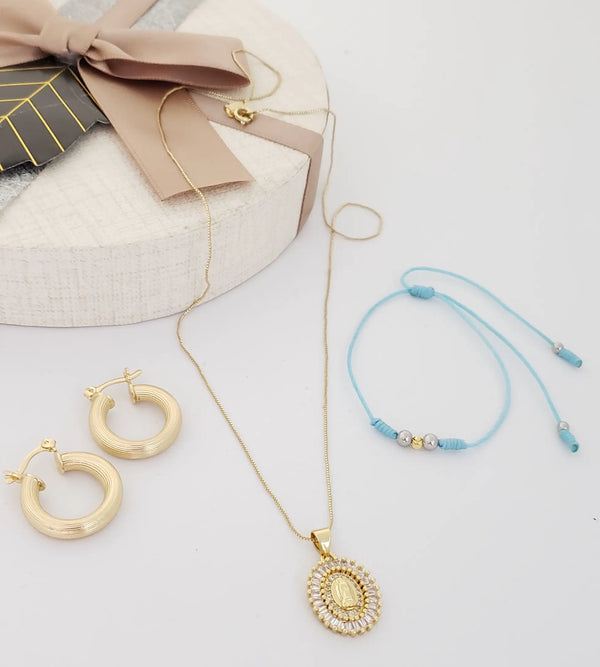 Juego de Cadena De Tejido Veneciano de 50cm-1mm De Grosor + Dije de La Virgen de Guadalupe + Candongas de 28mm Y Manilla De Obsequio