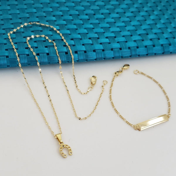 Conjunto De Niños De Cadena De Tejido Crispeta + Dije De Herradura + Pulsera Con Placa. (Cadena De 40cm-1mm De Grosor, Pulsera De 15cm-1mm De Grosor)
