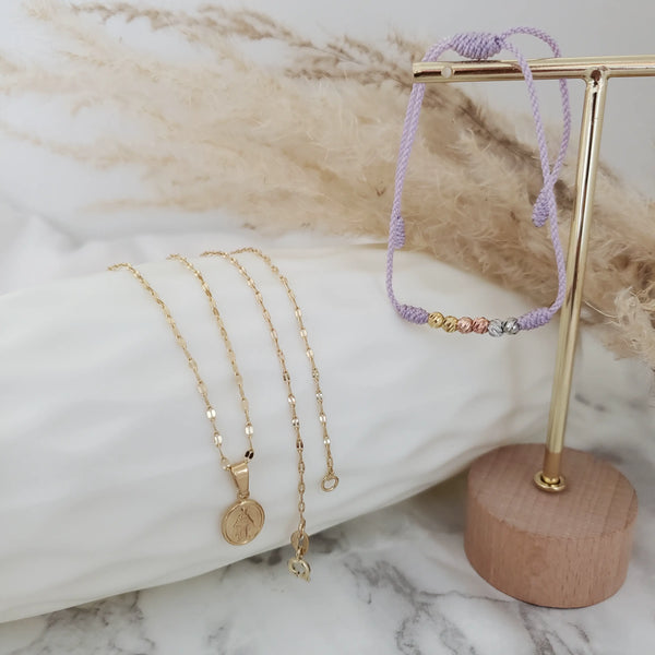 Cadena De Dama De Tejido Crispeta de 50-1mm de Grosor + Dije de La Virgen Milagrosa + Manilla de Obsequio + Envío Gratis