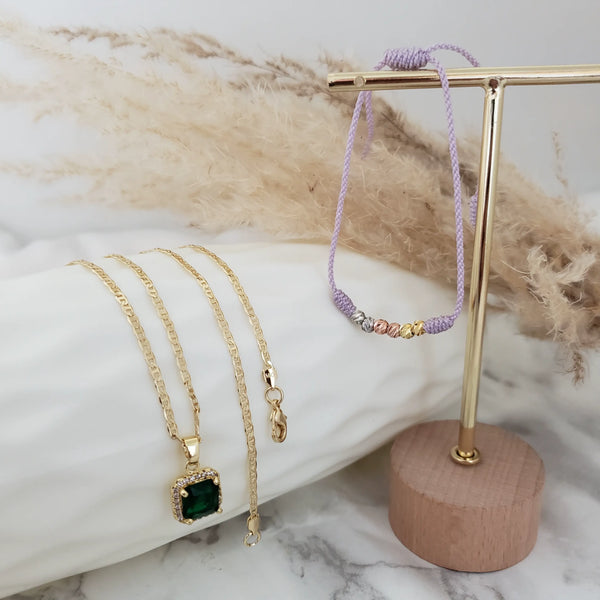 Cadena De Dama De Tejido Escalera de 50-2mm de Grosor + Dije de Cristal Tipo Esmeralda + Manilla de Obsequio + Envío Gratis