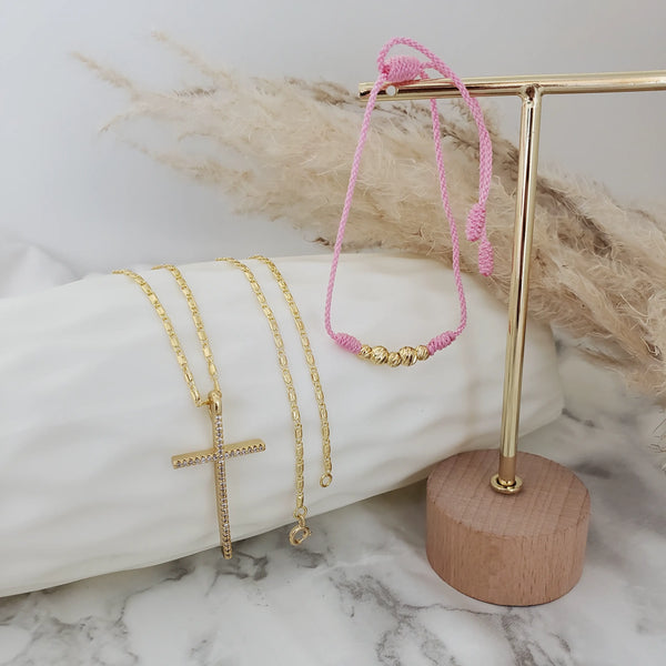 Cadena De Dama De Tejido Caracol de 50-1mm de Grosor + Dije de Cruz Cristal + Manilla de Obsequio + Envío Gratis