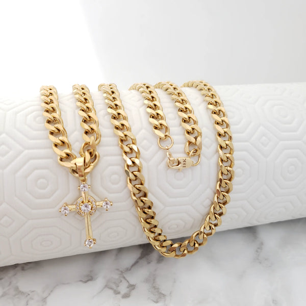 Cadena Tejido Cubana de 60-6mm de Grosor + Dije De Cruz Cristal