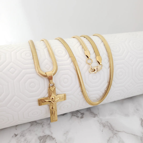 Cadena Tejido Serpiente Plana de 60-5mm de Grosor + Dije De Crucifijo