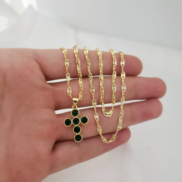 Cadena De Dama de Tejido Escalera Con Destellos De 50cm-2mm De Grosor + Dije de Cruz De Piedras Esmeraldas + Envío Gratis