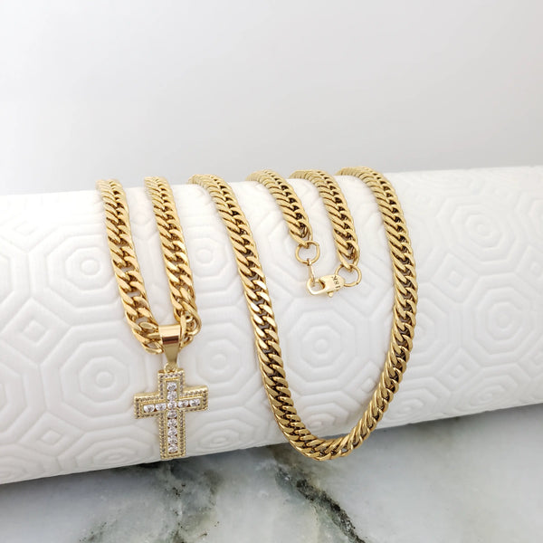 Cadena Tejido Cubana Continua de 60cm-6mm De Grosor + Dije de Cruz Cristal + Envío Gratis