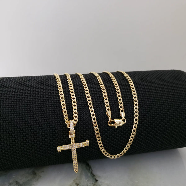 Cadena De Caballero De Tejido Cubana de 60cm-3mm De Grosor + Dije de Cruz Clavo Cristal + Envío Gratis