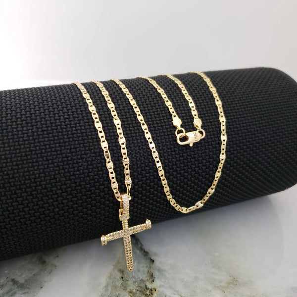 Cadena De Caballero De Tejido Escalera Con Destellos De 60cm-3mm De Grosor + Dije De Cruz Clavo + Envío Gratis