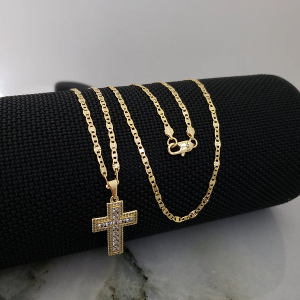 Cadena De Caballero De Tejido Escalera Con Destellos De 60cm-3mm De Grosor + Dije De Cruz Cristal + Envío Gratis