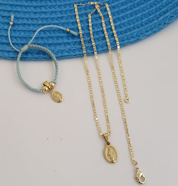 Conjunto De Niños De La Virgen Milagrosa + Cadena De Tejido Escalera + Dije + Manilla Con Dije De La Virgen Milagrosa. (Cadena De 40cm-1mm De Grosor)