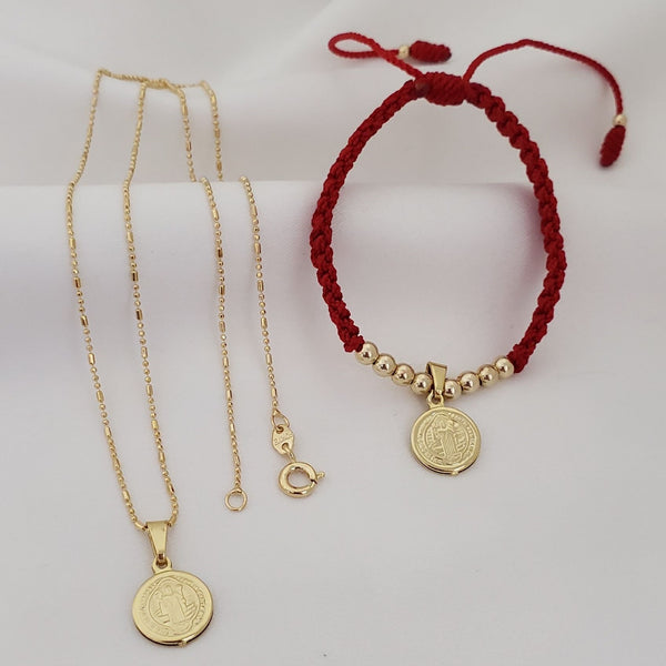 Conjunto De Niños De San Benito + Cadena De Tejido Militar+ Dije + Manilla Con Dije De San Benito. (Cadena De 40cm-1mm De Grosor)