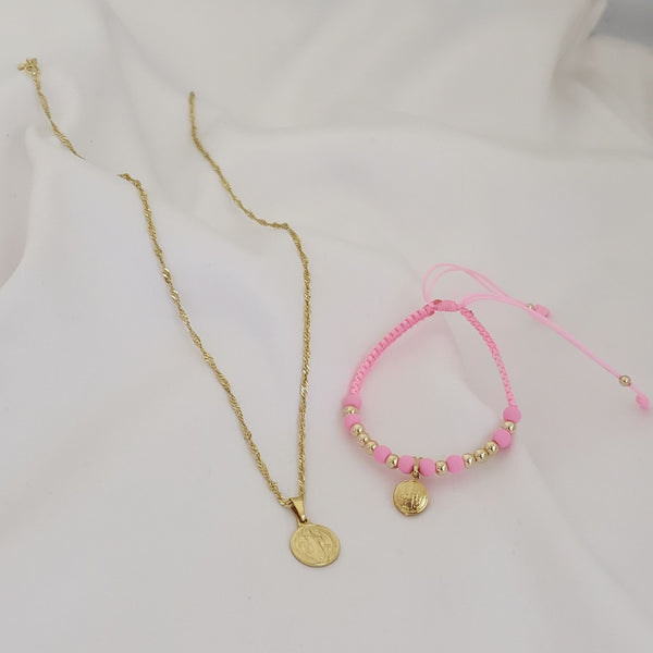 Conjunto De Niños De San Benito + Cadena De Tejido Singapur + Dije + Manilla Con Dije De San Benito. (Cadena De 40cm-1mm De Grosor)