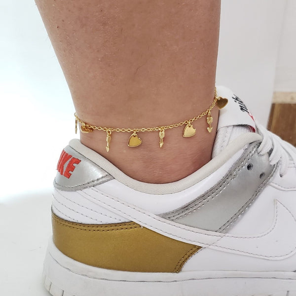 TOBILLERA DE TEJIDO AROS CON COLGANTES DE CORAZONES