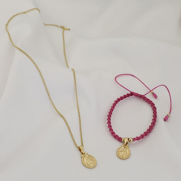 Conjunto De Niños Del Sagrado Corazón De Jesús + Cadena De Tejido Aros + Dije + Manilla Con Dije Del Sagrado Corazón. (Cadena De 40cm-1mm De Grosor)