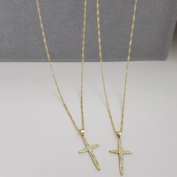 Cadenas De Parejas De Tejido Singapur + Dijes De Cruces. (Cadena De Dama De 40cm-1mm De Grosor, Cadena De Caballero De 50cm-1mm De Grosor)
