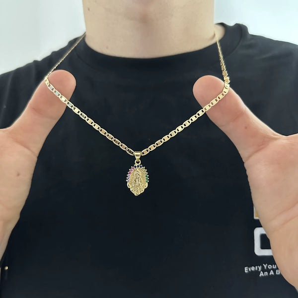 Cadena Tejido Escalera Con Destellos de 60-3mm De Grosor + Dije de La Virgen de Guadalupe