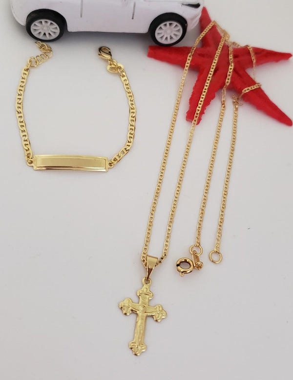 Conjunto De Niños De Tejido Cubana, Cadena + Dije De Crucifijo + Pulsera Con Placa. (Cadena De 40cm-2mm De Grosor, Pulsera De 15cm-2mm De Grosor)