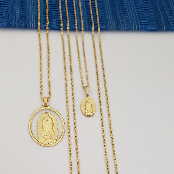 Cadenas De Parejas De Tejido Caracol + Dijes De La Virgen De Guadalupe. (Cadena De Dama De 40cm-1mm De Grosor, Cadena De Caballero De 50cm-1mm De Grosor)