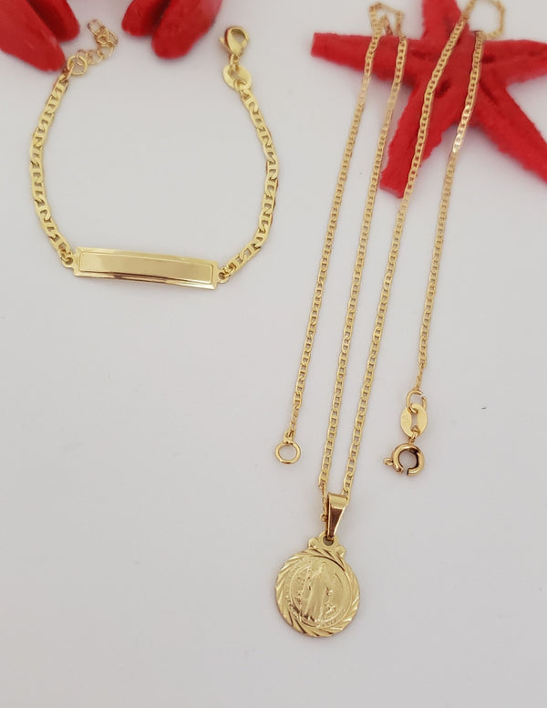 Conjunto De Niños De Tejido Escalera, Cadena + Dije De San Benito + Pulsera Con Placa. (Cadena De 40cm-1mm De Grosor, Pulsera De 15cm-2mm De Grosor)