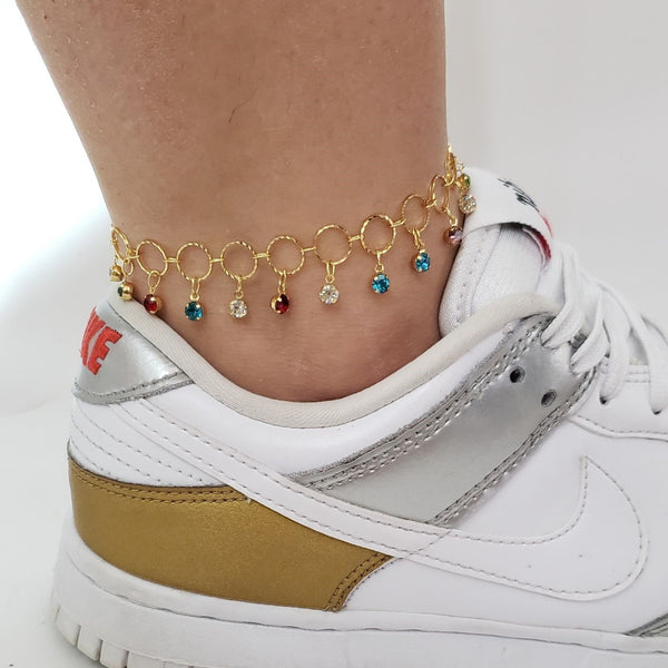 TOBILLERA TEJIDO AROS CON COLGANTES DE CRISTALES