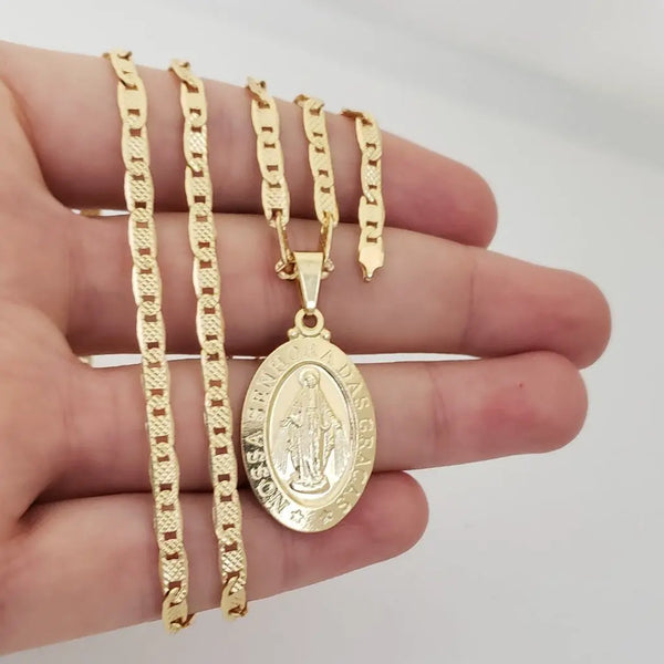 Cadena De Tejido Escalera Diamantada de 60-3mm De Grosor + Dije De La Virgen Milagrosa