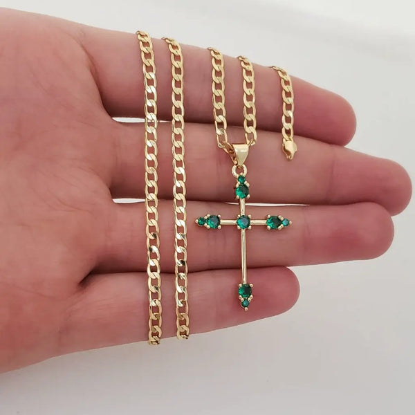 Cadena De Tejido Cubana de 60-3mm De Grosor + Dije Cruz de Piedras Verdes