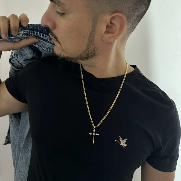 Cadena de Tejido Cubana Barbada de 60-3mm De Grosor + Dije de Cruz Cristal