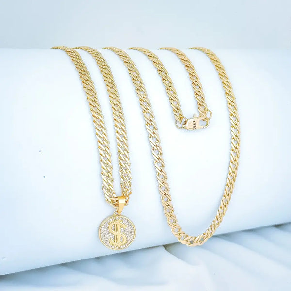 Cadena De Caballero De Tejido Cubana Barbada De 60cm-4mm De Grosor Con Dije De Signo De Dólar + Envío Gratis