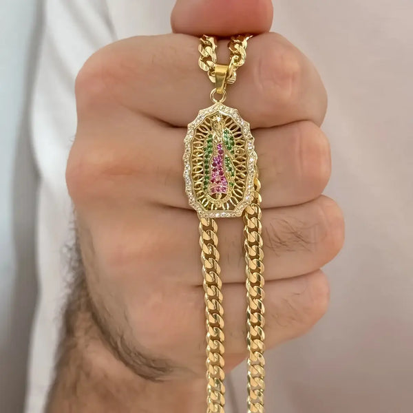 Cadena De Caballero De Tejido Cubana De 60cm-4mm De Grosor Con Dije De La Virgen De Guadalupe