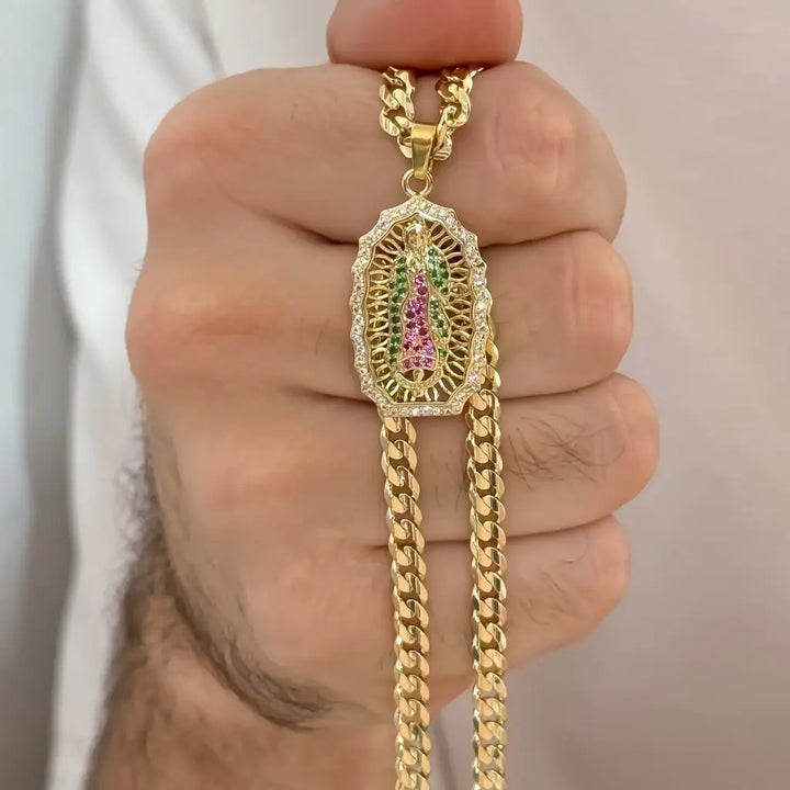 Cadena De Caballero De Tejido Cubana De 60cm-4mm De Grosor Con Dije De La Virgen De Guadalupe