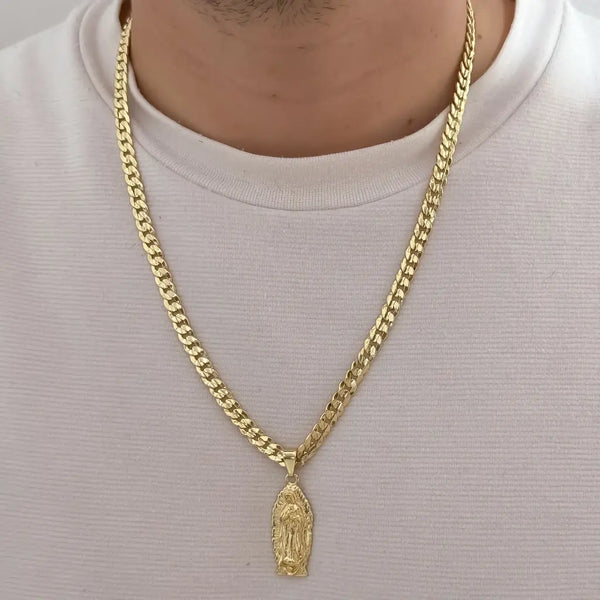 Cadena De Caballero De Tejido Cubana Diamantada De 60cm-4mm De Grosor Con Dije De La Virgen De Guadalupe