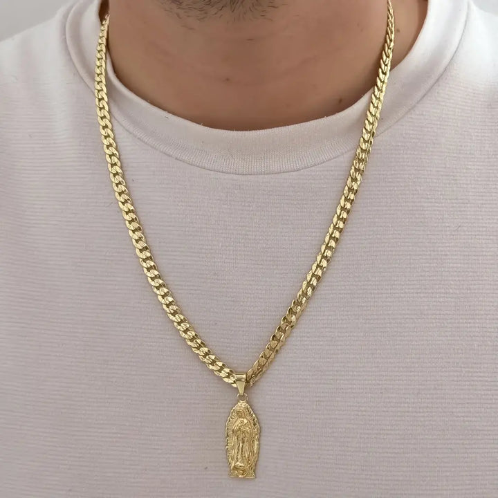 Cadena De Caballero De Tejido Cubana Diamantada De 60cm-4mm De Grosor Con Dije De La Virgen De Guadalupe