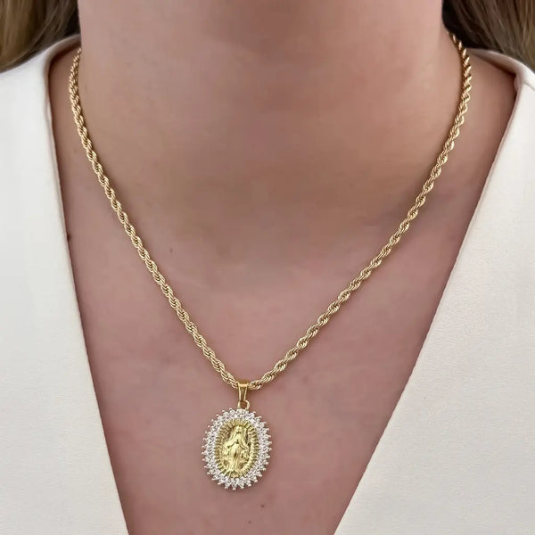 Cadena De Dama De Tejido Lazo De 50cm-3mm De Grosor Con Dije De La Virgen Milagrosa Con Piedras Cristal