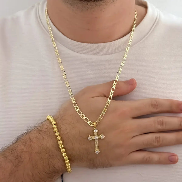 Conjunto De Caballero Con Cadena De Tejido 1X1, Dije De Cruz Cristal Y Manilla Italiana