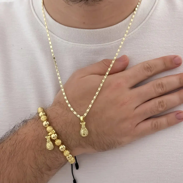 Conjunto De Caballero Con Cadena De Tejido Caracol Con Destellos, Dije De Bolsa De Dinero Y Manilla Diamantada