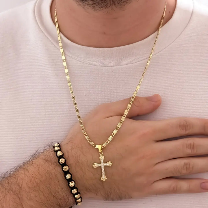 Conjunto De Caballero Con Cadena De Tejido Caracol Con Destellos, Dije De Cruz Cristal Y Manilla Italiana
