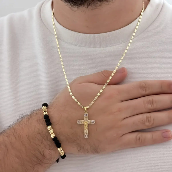 Conjunto De Caballero Con Cadena De Tejido Caracol, Dije De Crucifijo Y Manilla Negra
