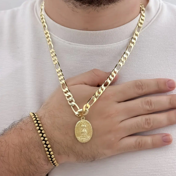 Conjunto De Caballero Con Cadena De Tejido Cartier Con Dije De La Virgen Y Manilla De Dos Carriles
