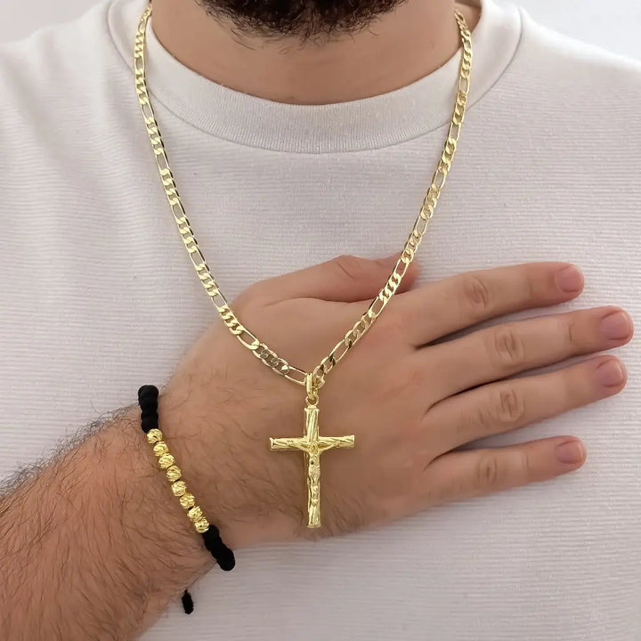 Conjunto De Caballero Con Cadena De Tejido Cartier, Dije De Crucifijo Y Manilla