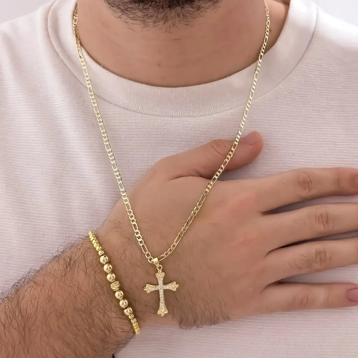 Conjunto De Caballero Con Cadena De Tejido Cartier, Dije De Cruz Cristal Y Manilla Full Balines