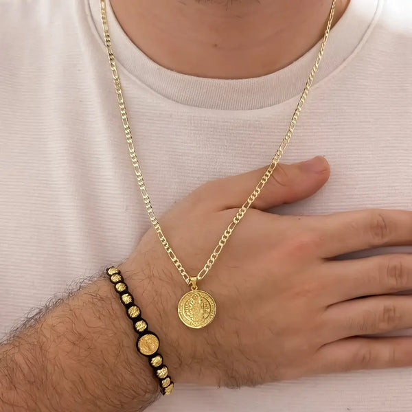 Conjunto De Caballero Con Cadena De Tejido Cartier, Dije De San Benito Y Manilla De Balines Italianos Y Herraje De San Benito