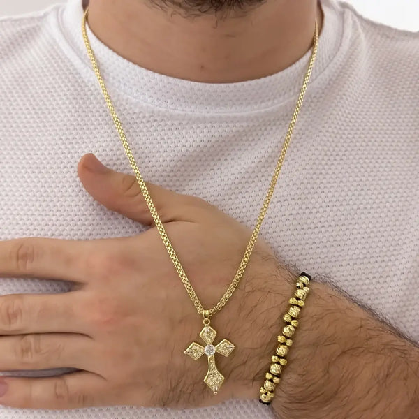 Conjunto De Caballero Con Cadena De Tejido Chino, Dije De Cruz Trébol Y Manilla De Diseño 2X1