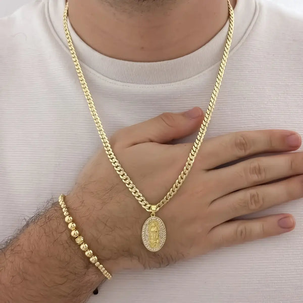 Conjunto De Caballero Con Cadena De Tejido Cubana Diamantada, Dije De La Virgen De Guadalupe Y Manilla Full Balines