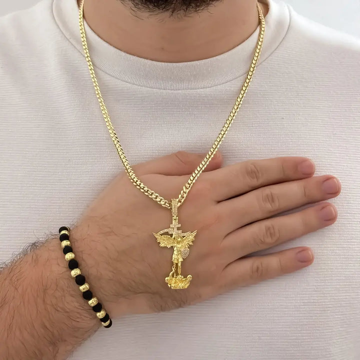 Conjunto De Caballero Con Cadena De Tejido Cubana Plana, Dije De San Miguel Y Manilla.