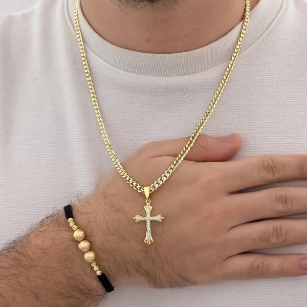 Conjunto De Caballero Con Cadena De Tejido Cubana, Cruz Cristal Y Manilla Diamantada E Italiana.