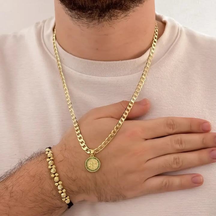 Conjunto De Caballero Con Cadena De Tejido Cubana, Dije De San Benito Y Manilla De 2X1 Carriles