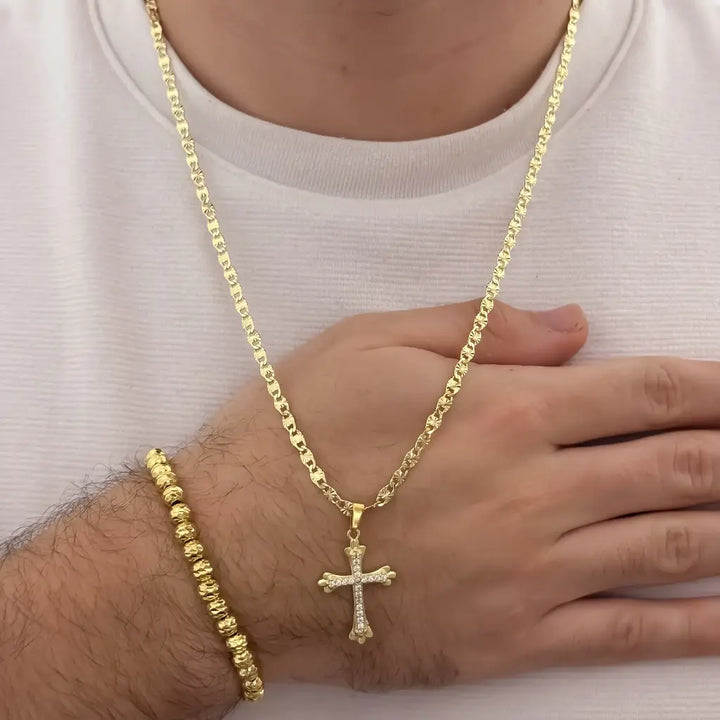 Conjunto De Caballero Con Cadena De Tejido Escalera Con Destellos, Dije De Cruz Y Manilla Italiana